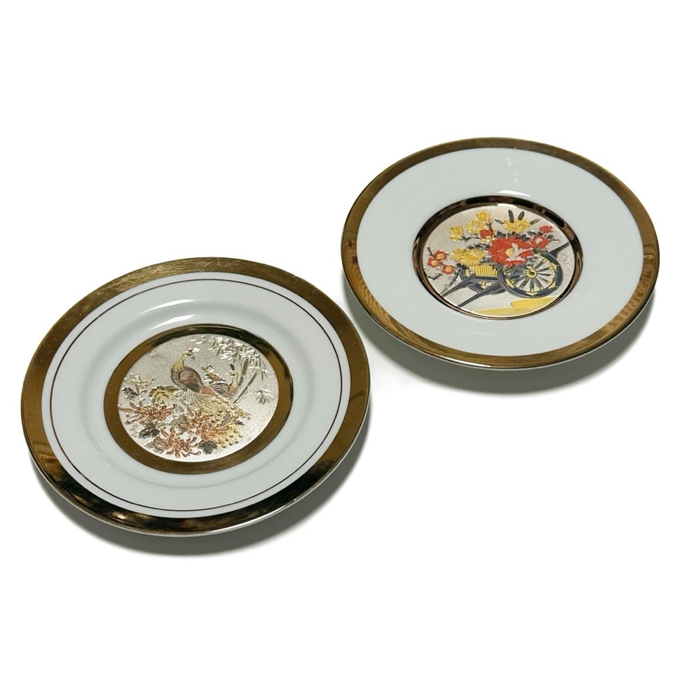 Vintage Japanese Chokin Art 24k Gold Edge Copper Silver Gilded Decorative Plates